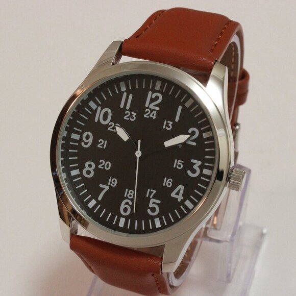 Men's Quartz Field Watch Silver Case Brown Leather Strap 42mm - Picture 4 of 12